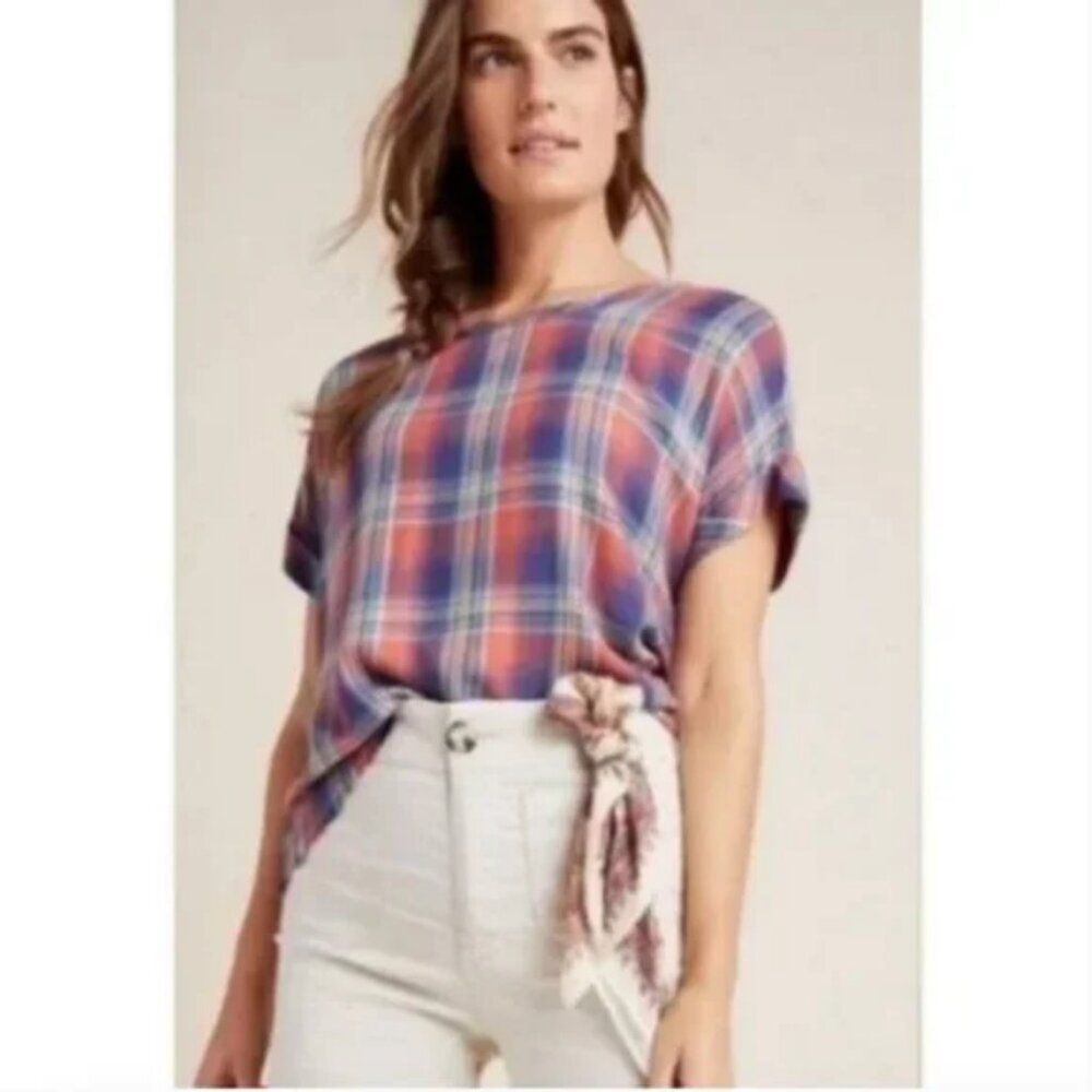 Anthropologie Cloth & Stone Button Back Short Sleeve Plaid High Low Size Medium